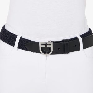 Leather elastic belt with logoed buckle
